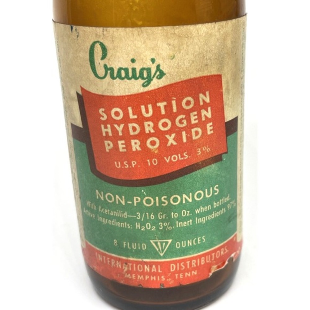 Vintage‎ 1960s Craig's Hydrogen Peroxide Amber Glass Bottle 8 oz Memphis TN
